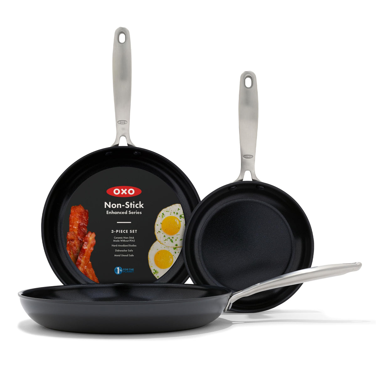 OXO Enhanced 8-inch frying pan close-up showing diamond-reinforced ceramic coating for easy release.