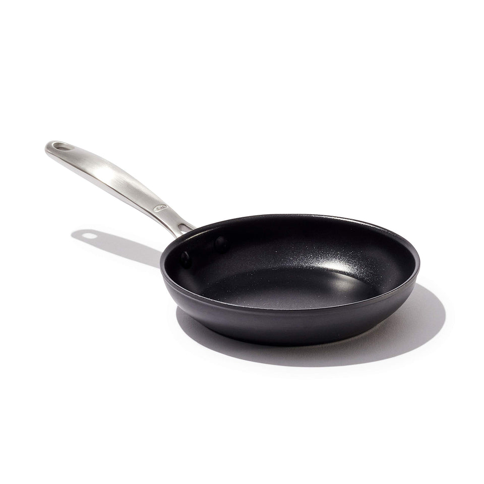 OXO Enhanced 8-inch frying pan with diamond ceramic coating for easy food release.