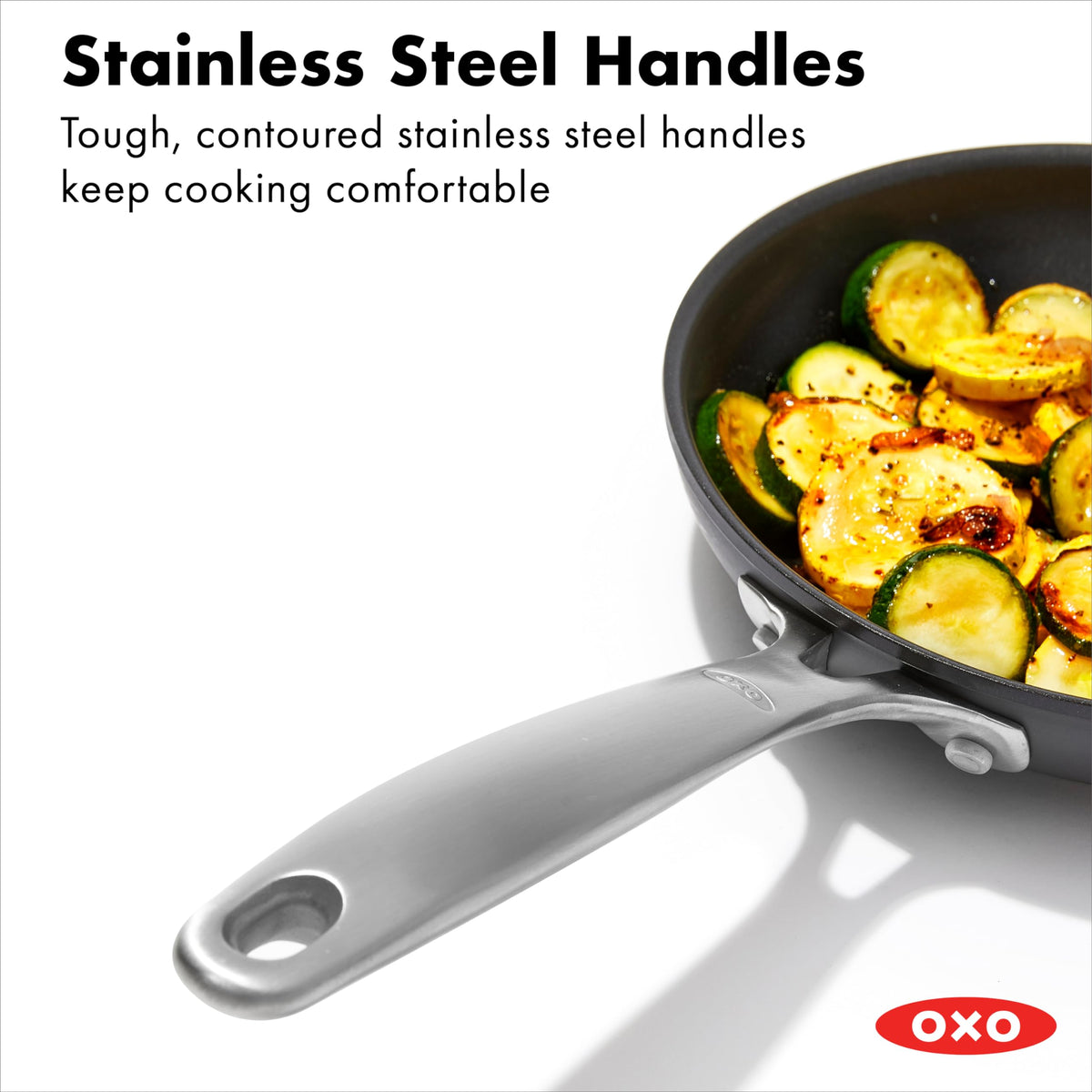 OXO Enhanced 8-inch pan showing diamond-reinforced ceramic coating for durability