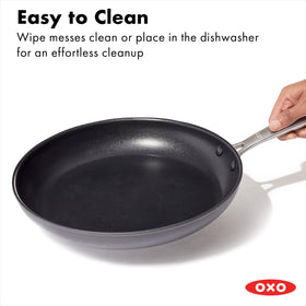 OXO Enhanced ceramic nonstick surface close-up emphasizing scratch resistance and even heating.