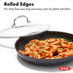 OXO Enhanced hard-anodized body delivers even heating and scratch resistance.