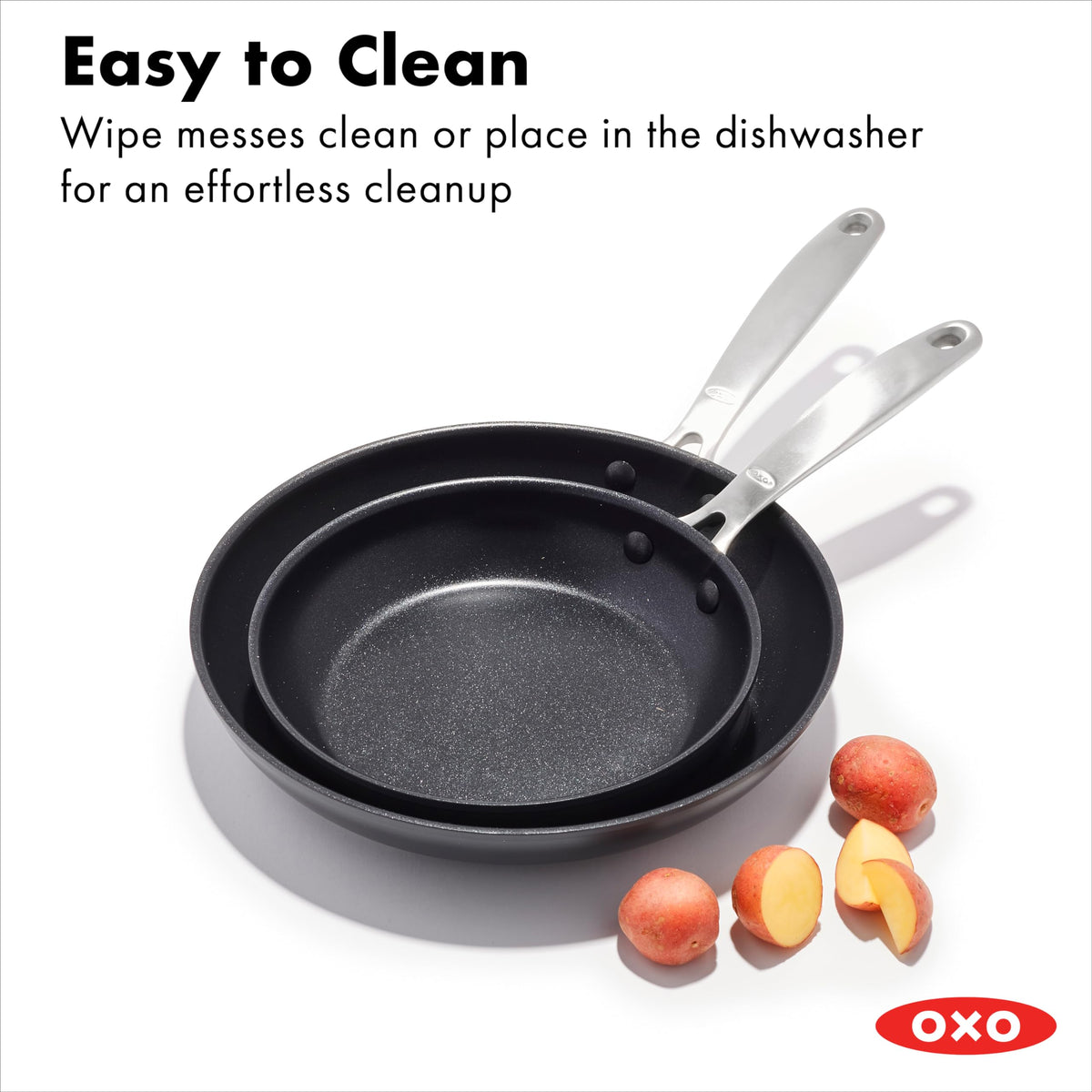 OXO Enhanced pan with stainless steel handle for secure grip