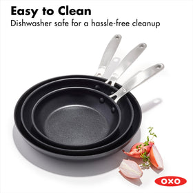 OXO Enhanced three-pan set ready for versatile meals in a busy kitchen.
