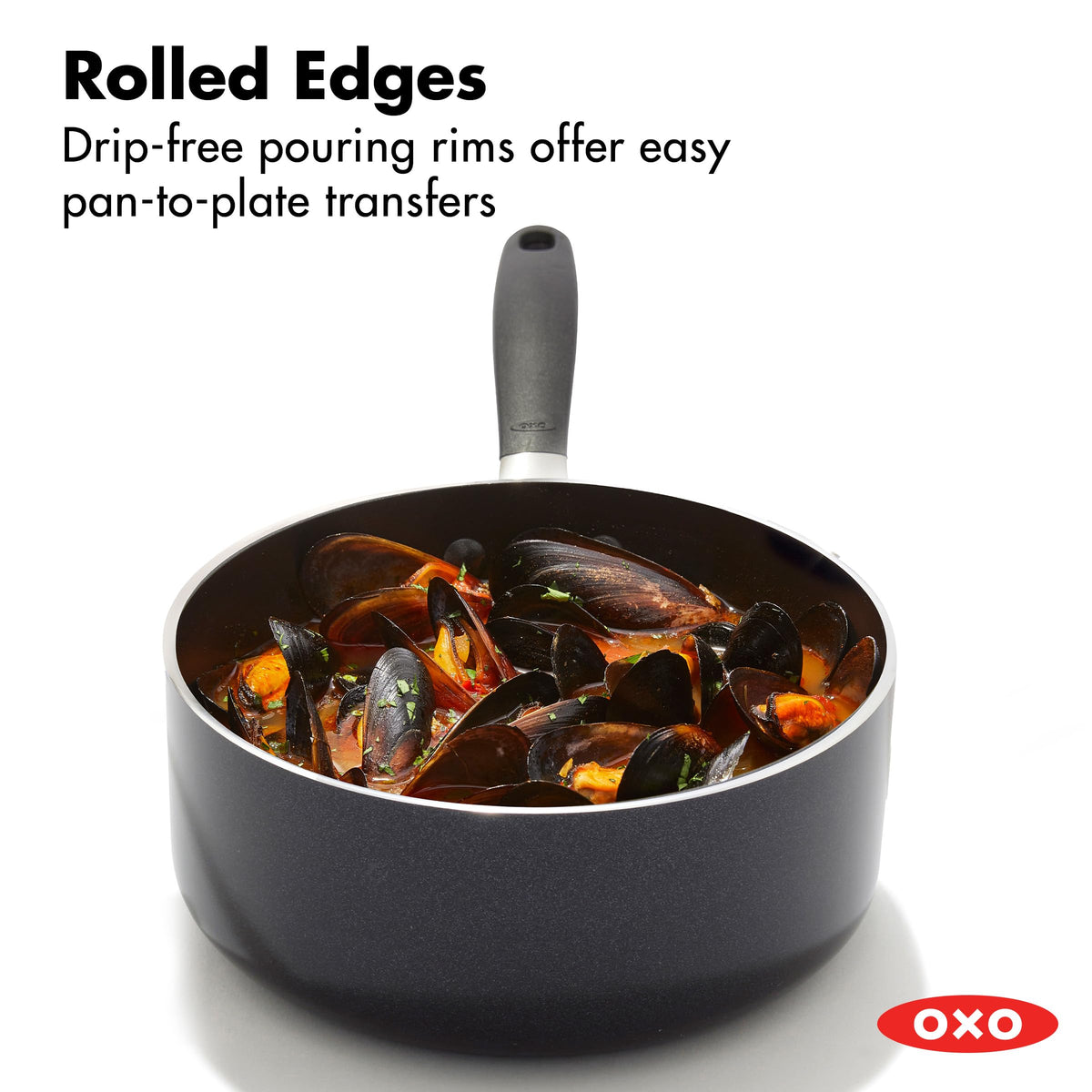 OXO sauce pan with ergonomic silicone handle for secure, comfortable grip.