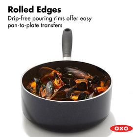 OXO sauce pan with ergonomic silicone handle for secure, comfortable grip.