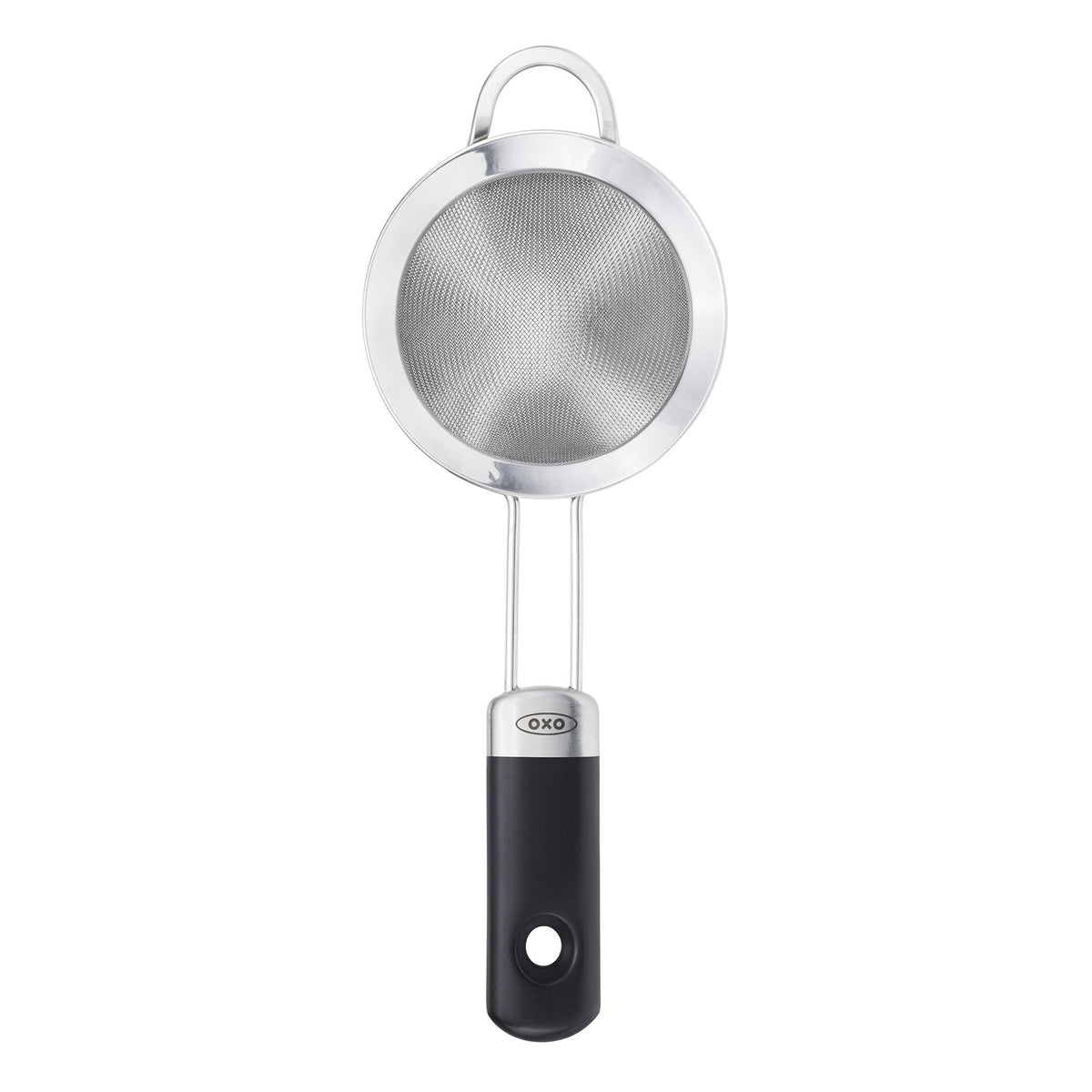 OXO fine mesh cocktail strainer front view shows conical design for efficient straining