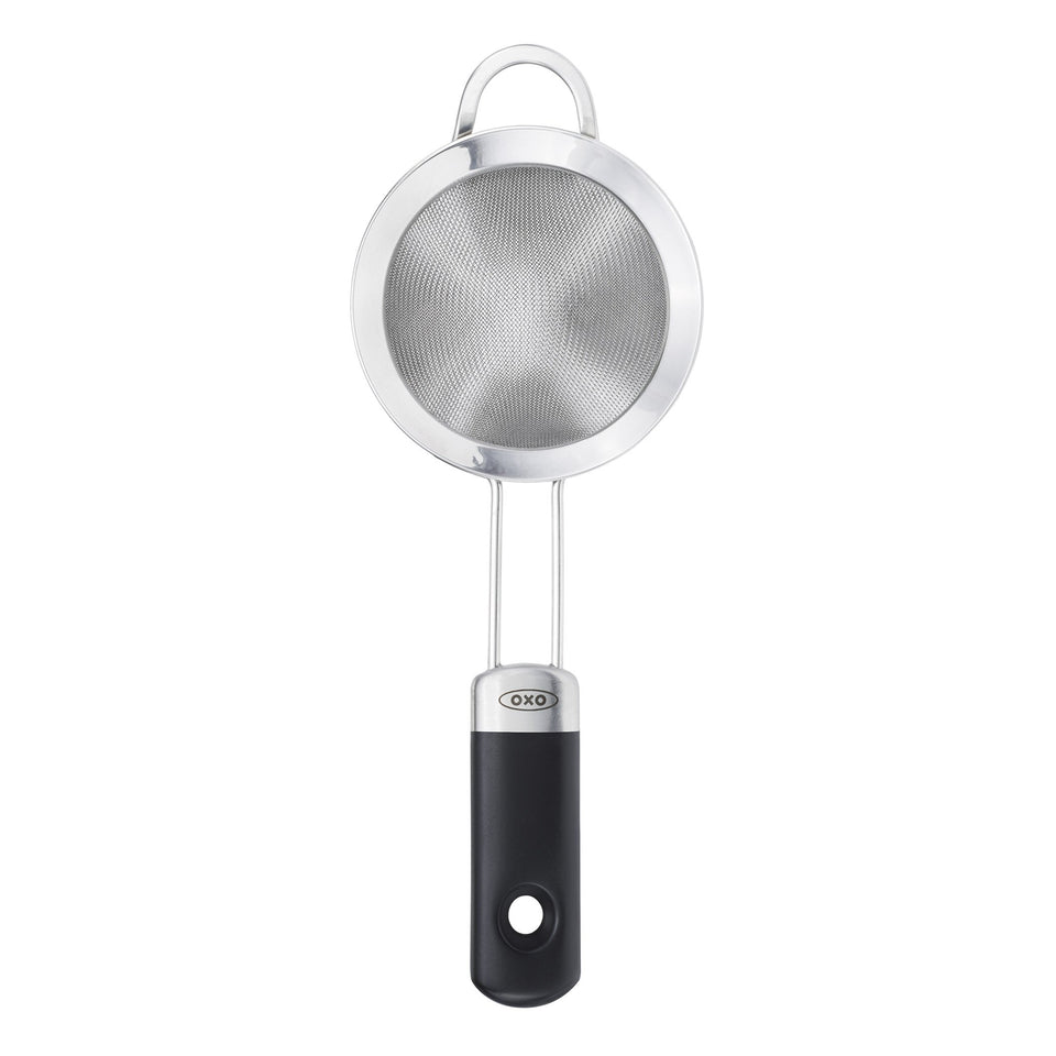 OXO fine mesh cocktail strainer front view shows conical design for efficient straining