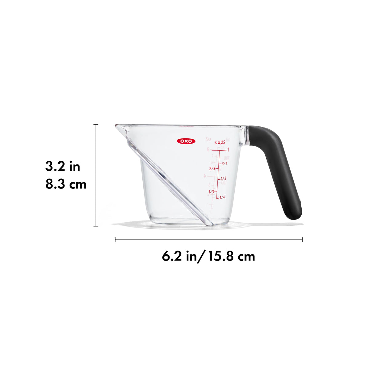 OXO Good Grips 1-Cup Angled Measuring Cup compact storage in a drawer.