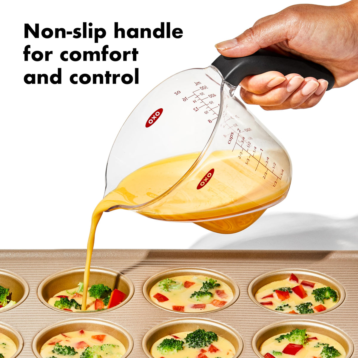 OXO Good Grips 1-Cup Angled Measuring Cup dishwasher-safe plastic for easy cleaning.