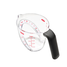 OXO Good Grips 1-Cup Angled Measuring Cup front view, readable from above for precise pours.