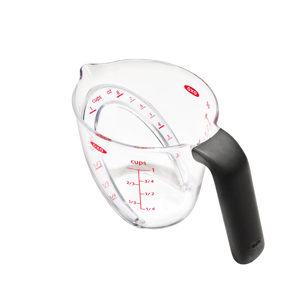 OXO Good Grips 1-Cup Angled Measuring Cup front view, readable from above for precise pours.