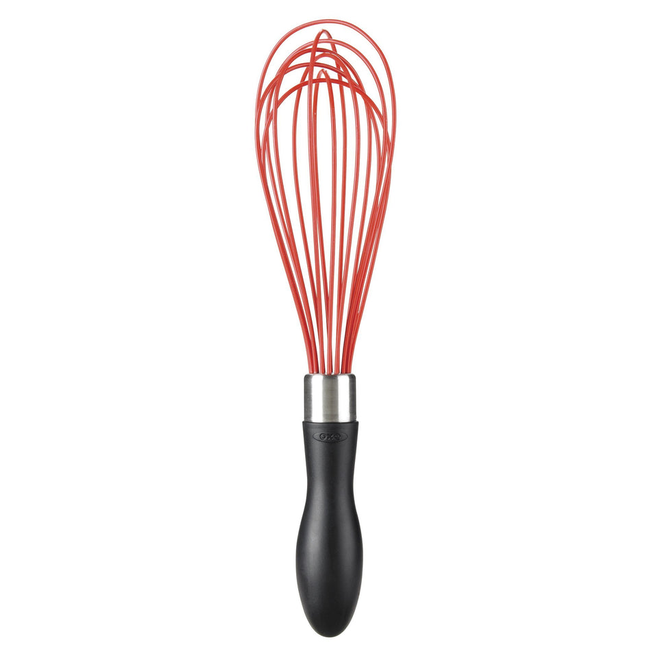 OXO Good Grips 11-inch silicone balloon whisk with red handle for non-stick cookware use