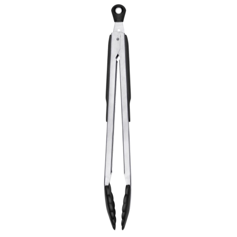 OXO Good Grips 12-Inch Tongs with nylon heads for nonstick-safe gripping.