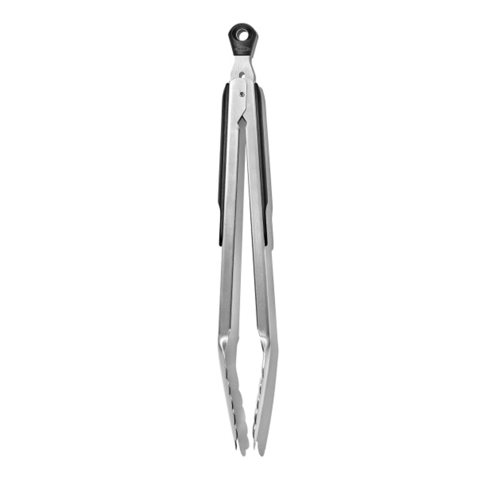 OXO Good Grips 12-inch tongs with brushed stainless steel for durable handling.