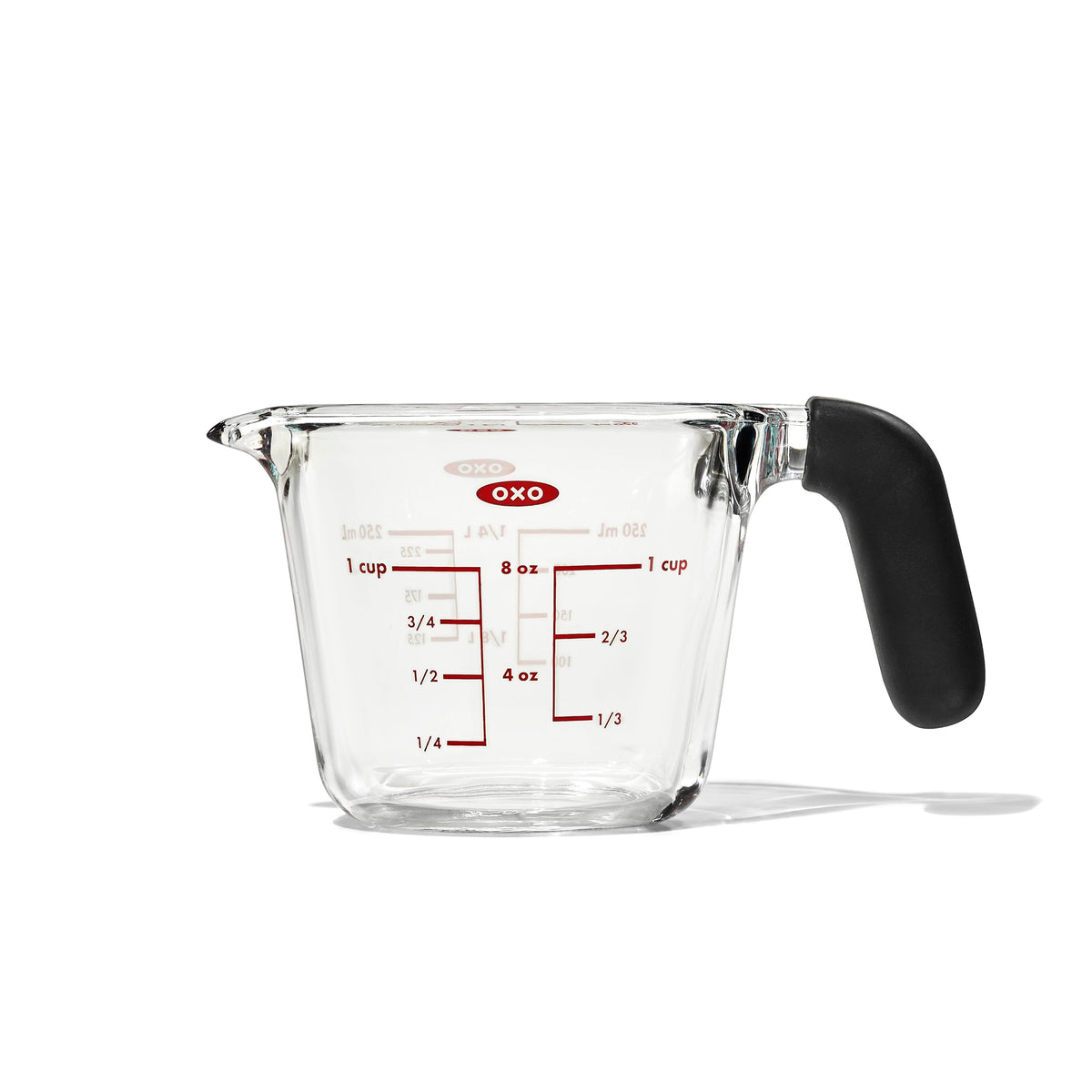 OXO Good Grips 1 Cup Glass Measuring Cup stores neatly with other sizes for space-saving.