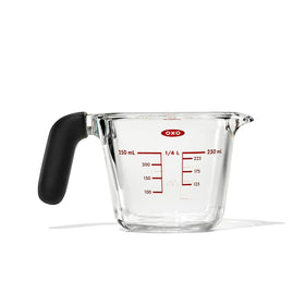 OXO Good Grips 1 Cup Glass Measuring Cup resists thermal shock for fridge-to-oven versatility.