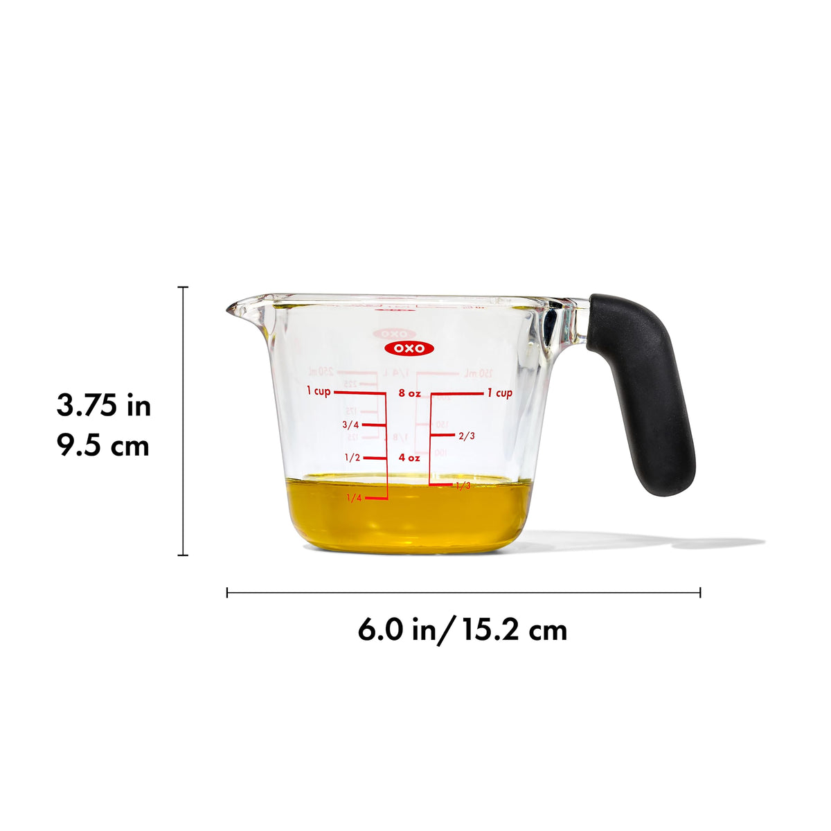 OXO Good Grips 1 Cup Glass Measuring Cup shows clear metric and standard markings for accuracy.