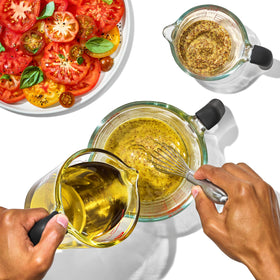 OXO Good Grips 1 Cup Glass Measuring Cup silicone handle ensures stable grip while pouring.