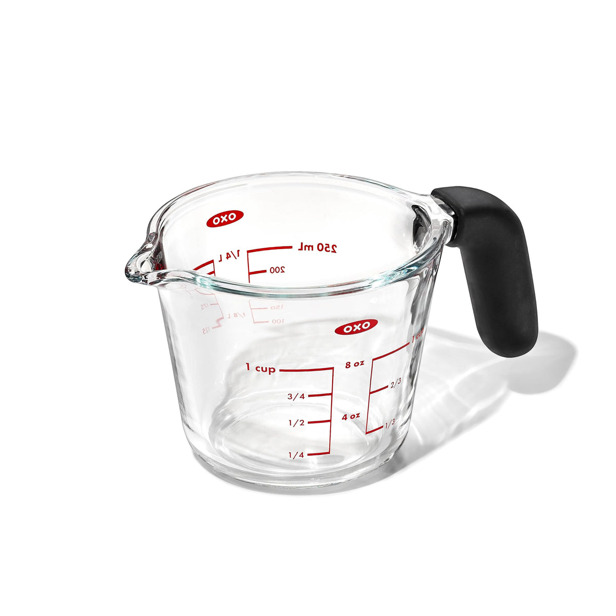 OXO Good Grips 1 Cup Glass Measuring Cup with dripless pour for precise liquid transfer.