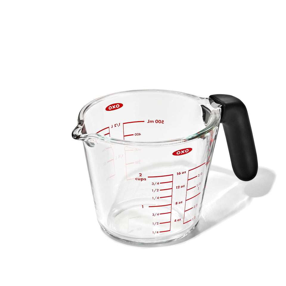 OXO Good Grips 2-Cup Glass Measuring Cup front view with clear marks