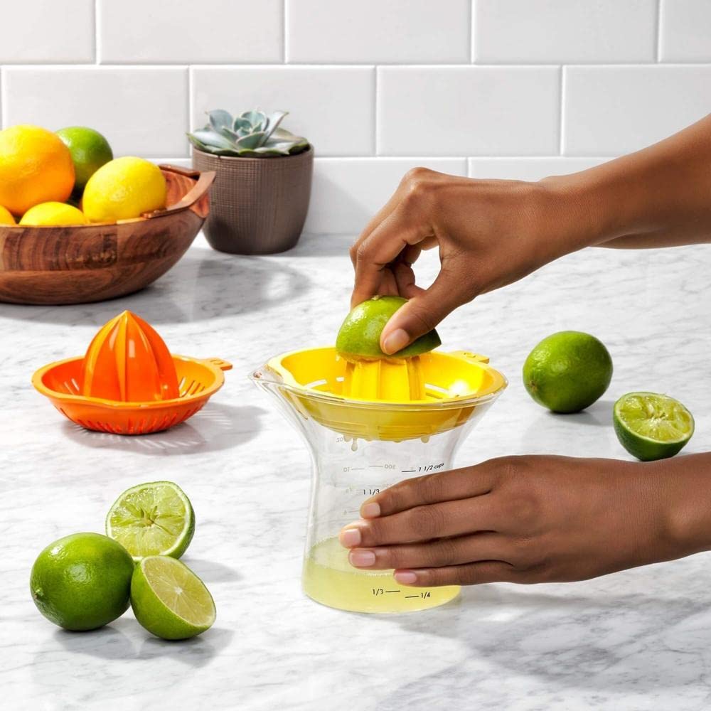 OXO Good Grips 2-in-1 citrus juicer features a drip-free pour spout for clean counters.