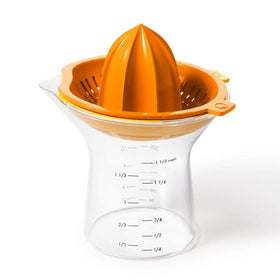 OXO Good Grips 2-in-1 citrus juicer with large reamer for oranges and grapefruits, smooth pour.