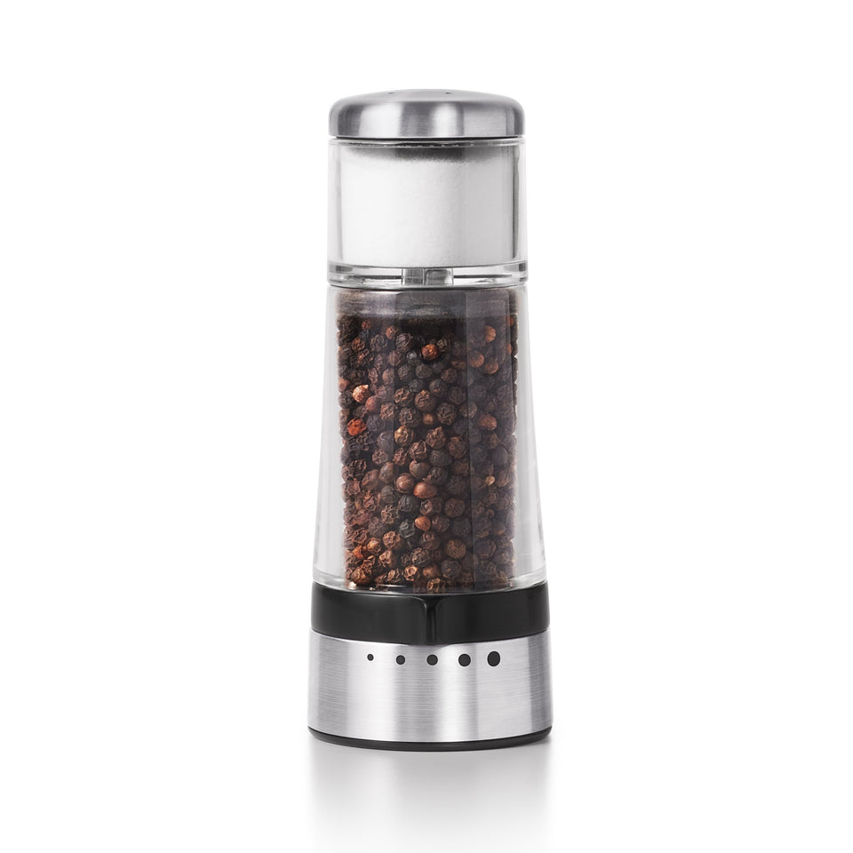 OXO Good Grips 2-in-1 Salt & Pepper Grinder & Shaker, top view for table seasoning
