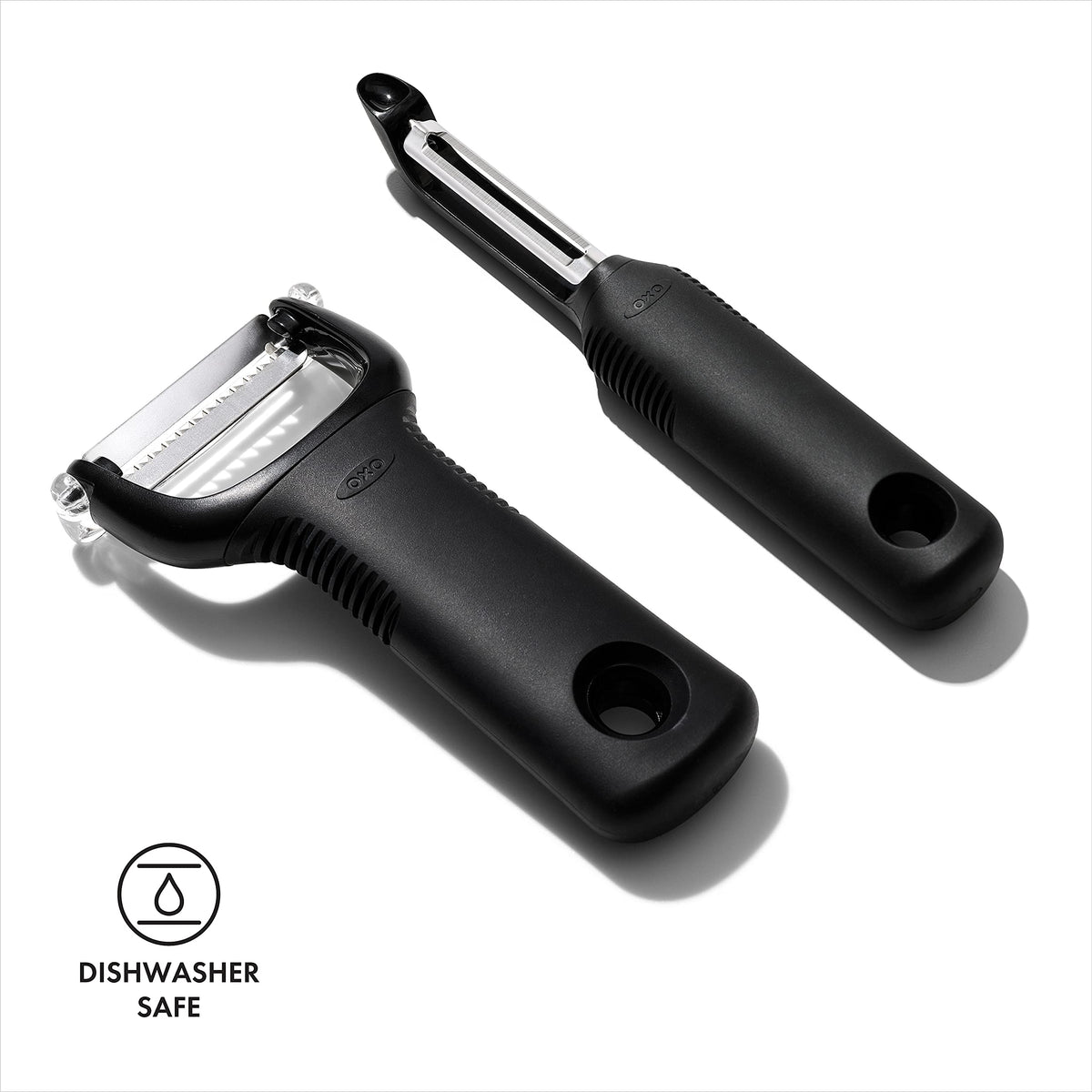 OXO Good Grips 2-Piece Peeler Set dishwasher safe for easy cleanup after meals.