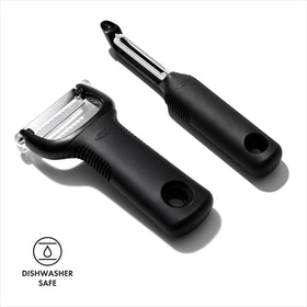 OXO Good Grips 2-Piece Peeler Set dishwasher safe for easy cleanup after meals.
