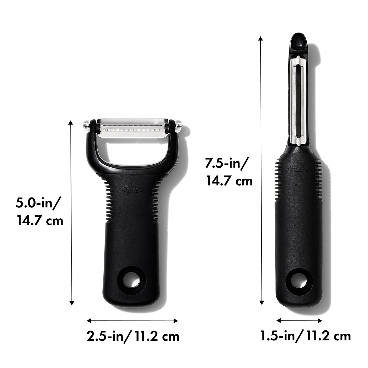 OXO Good Grips 2-Piece Peeler Set compact design fits in slim kitchen drawers.