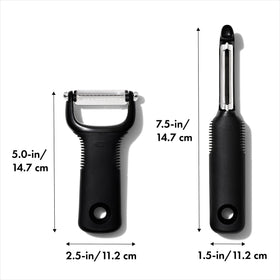 OXO Good Grips 2-Piece Peeler Set compact design fits in slim kitchen drawers.