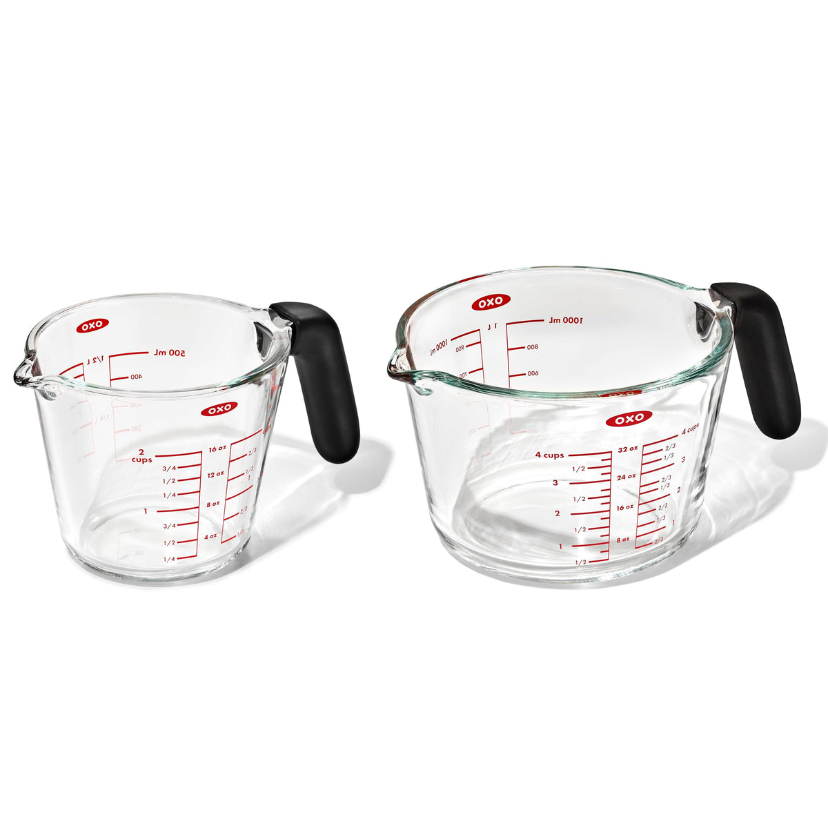 OXO Good Grips 2-Cup glass measuring cup with a secure non-slip handle for precise measuring.