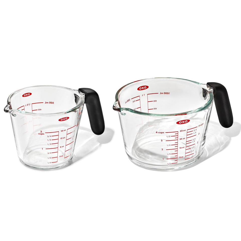 OXO Good Grips 2-Cup glass measuring cup with a secure non-slip handle for precise measuring.