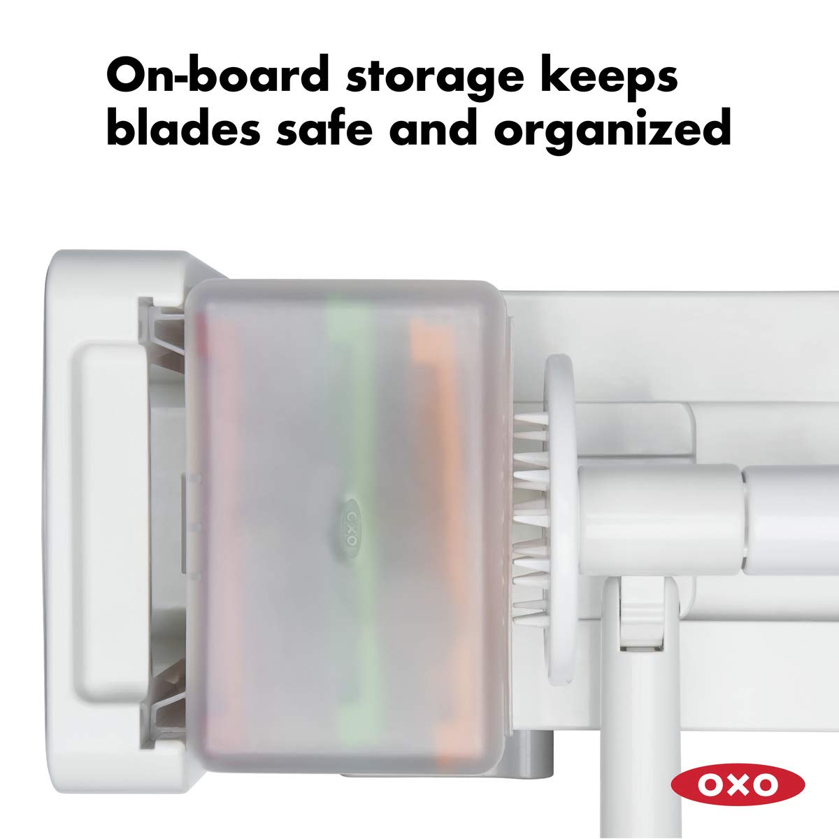 OXO Good Grips 3-Blade Tabletop Spiralizer blade box storage keeps blades safe and organized.