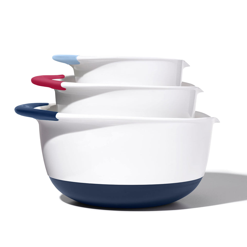 OXO Good Grips 3-Piece Mixing Bowl Set in Blueberry with non-slip handles for stable mixing.
