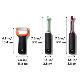 OXO Good Grips 3-Piece Peeler Set is dishwasher safe for easy cleanup.