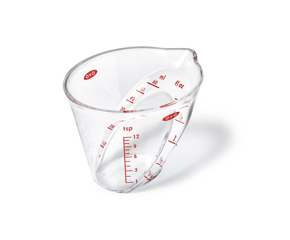 OXO Good Grips 60mL mini angled jug reads measurements from above for accuracy
