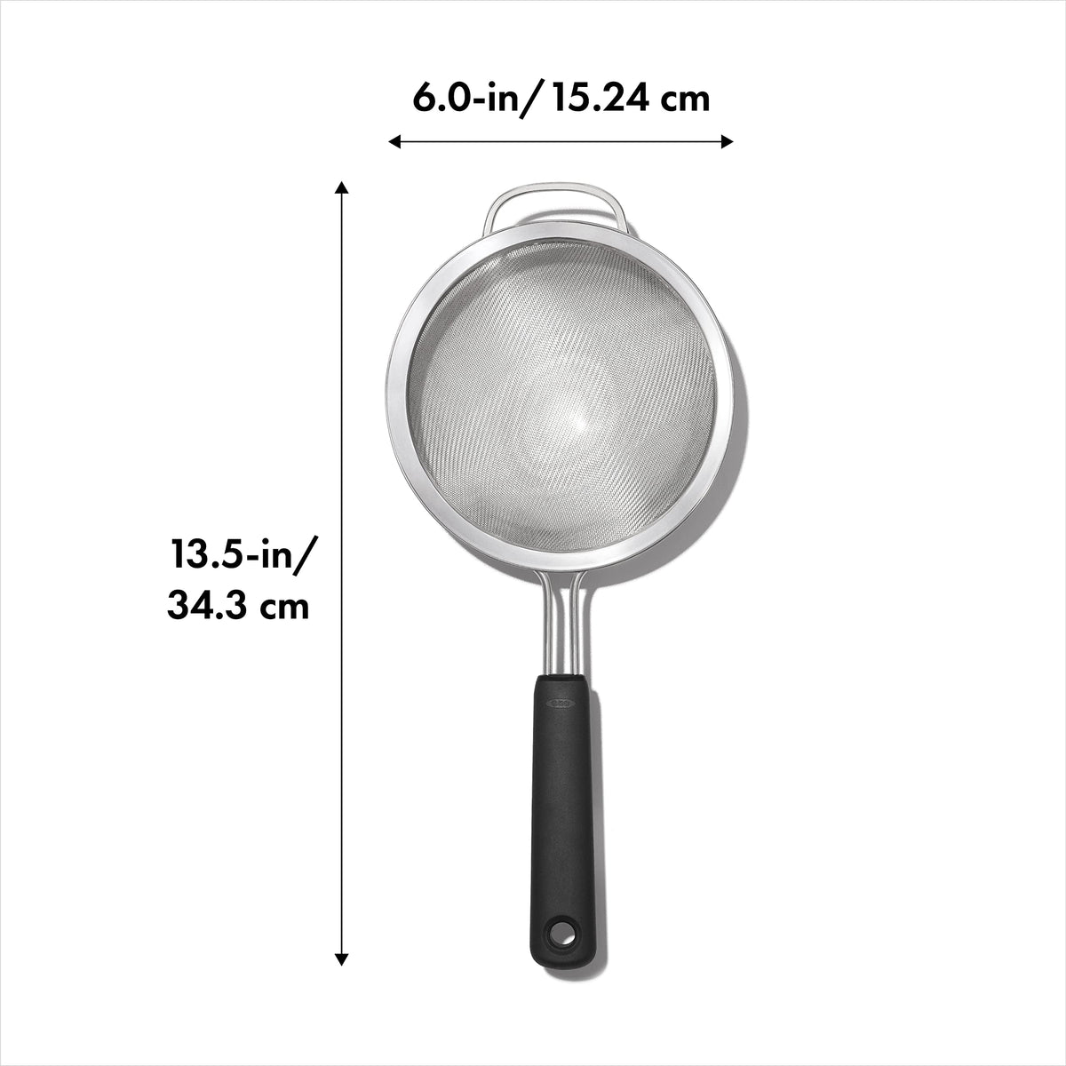 OXO Good Grips 6-in double rod strainer side view, comfortable handle and sturdy build
