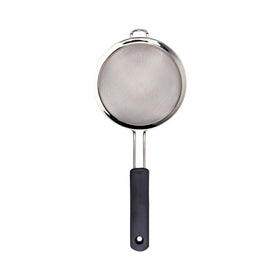 OXO Good Grips 6-in double rod strainer top view, stable on bowls for quick draining