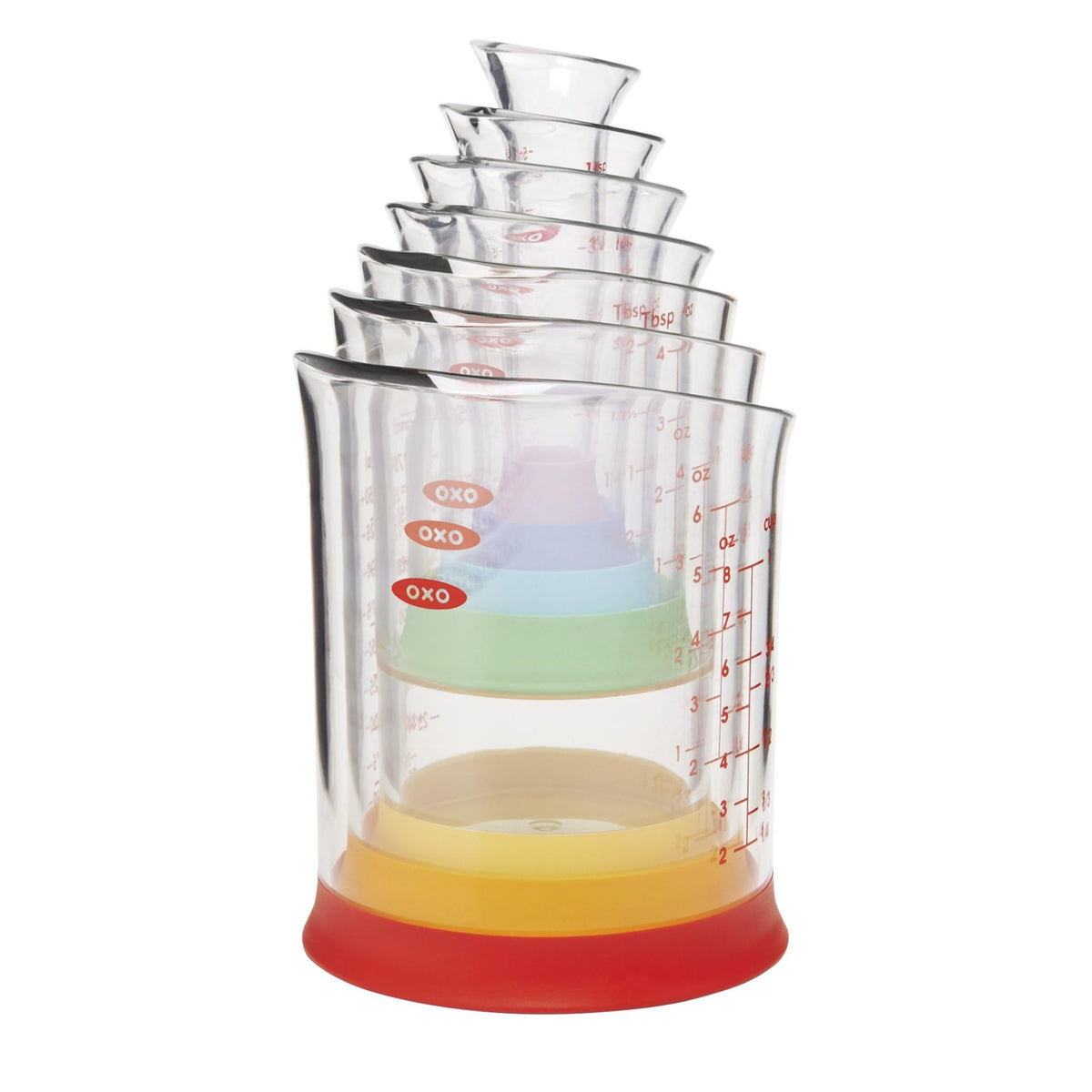 OXO Good Grips 7-piece beaker set, assembled, space-saving nesting design.