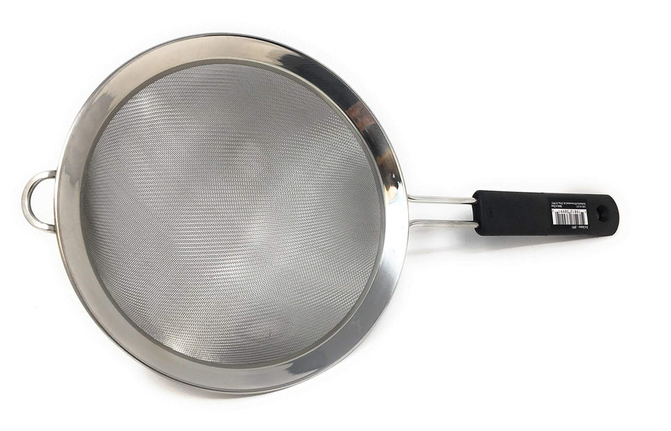 OXO Good Grips 8-Inch Fine Mesh Strainer with a secure loop for draining pasta.