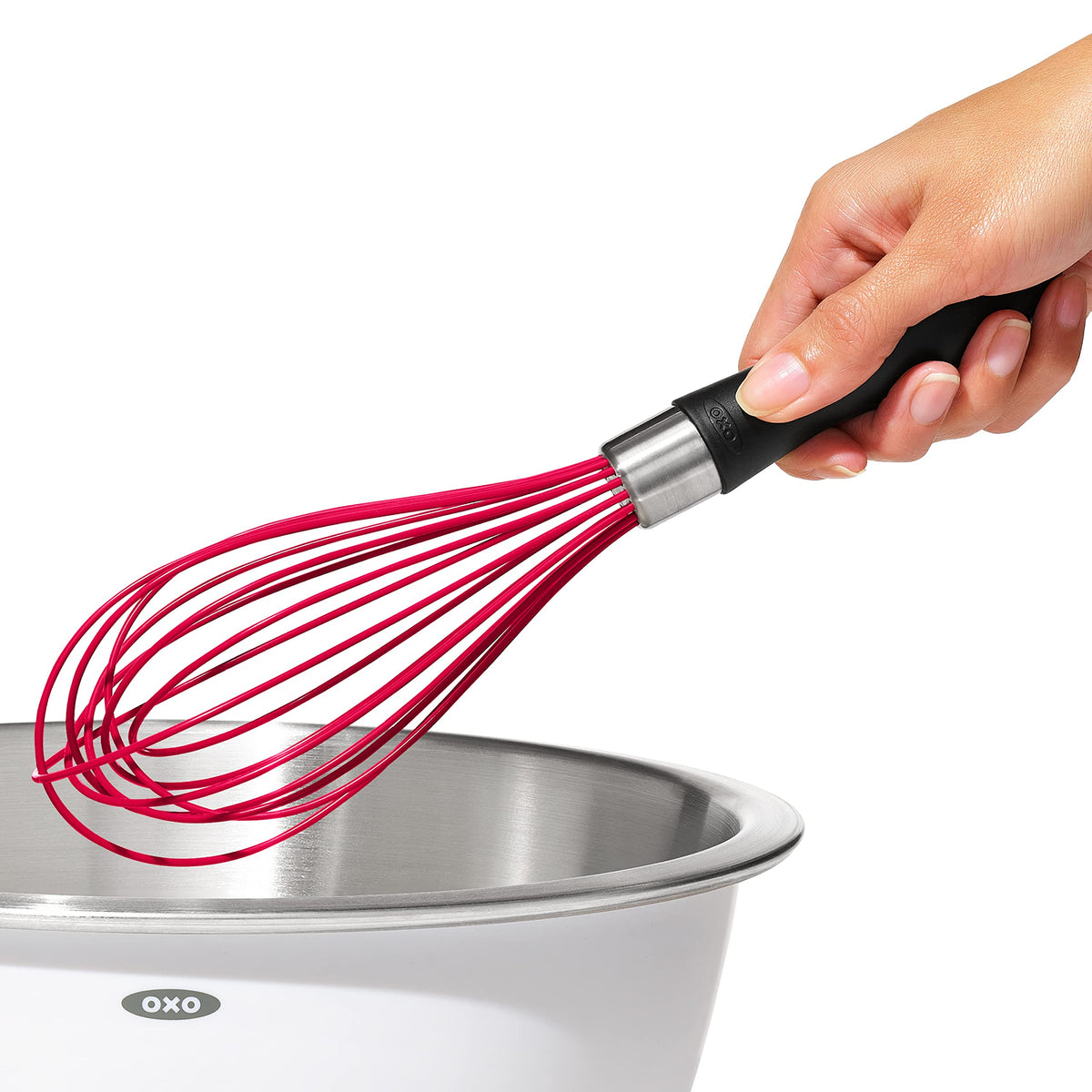 OXO Good Grips silicone whisk dishwasher-safe for easy cleanup.
