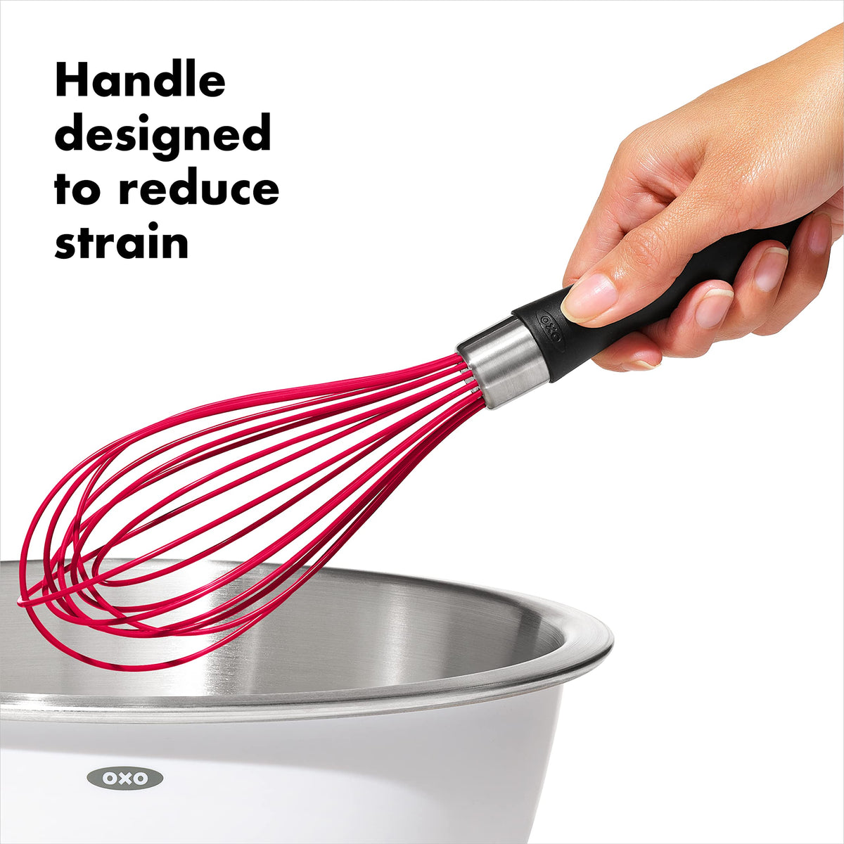 OXO Good Grips silicone whisk safe for ceramic cookware; won't scratch.