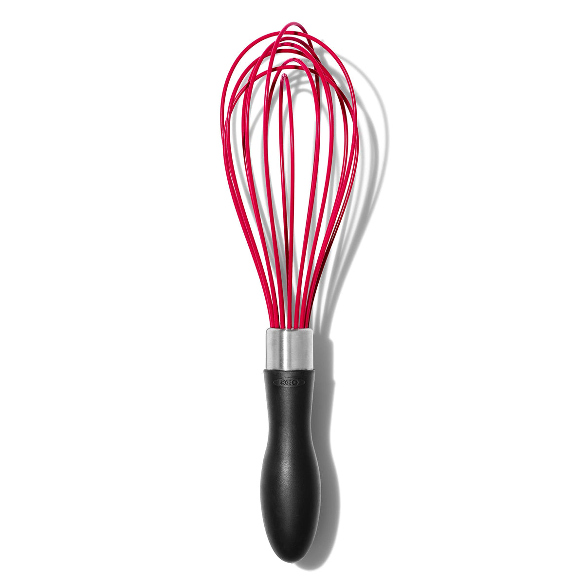 OXO Good Grips 9-Inch Silicone Whisk with red handle; safe for non-stick cookware.