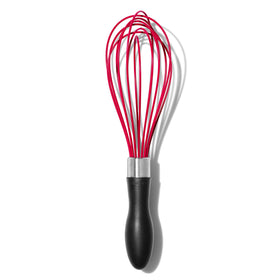 OXO Good Grips 9-Inch Silicone Whisk with red handle; safe for non-stick cookware.
