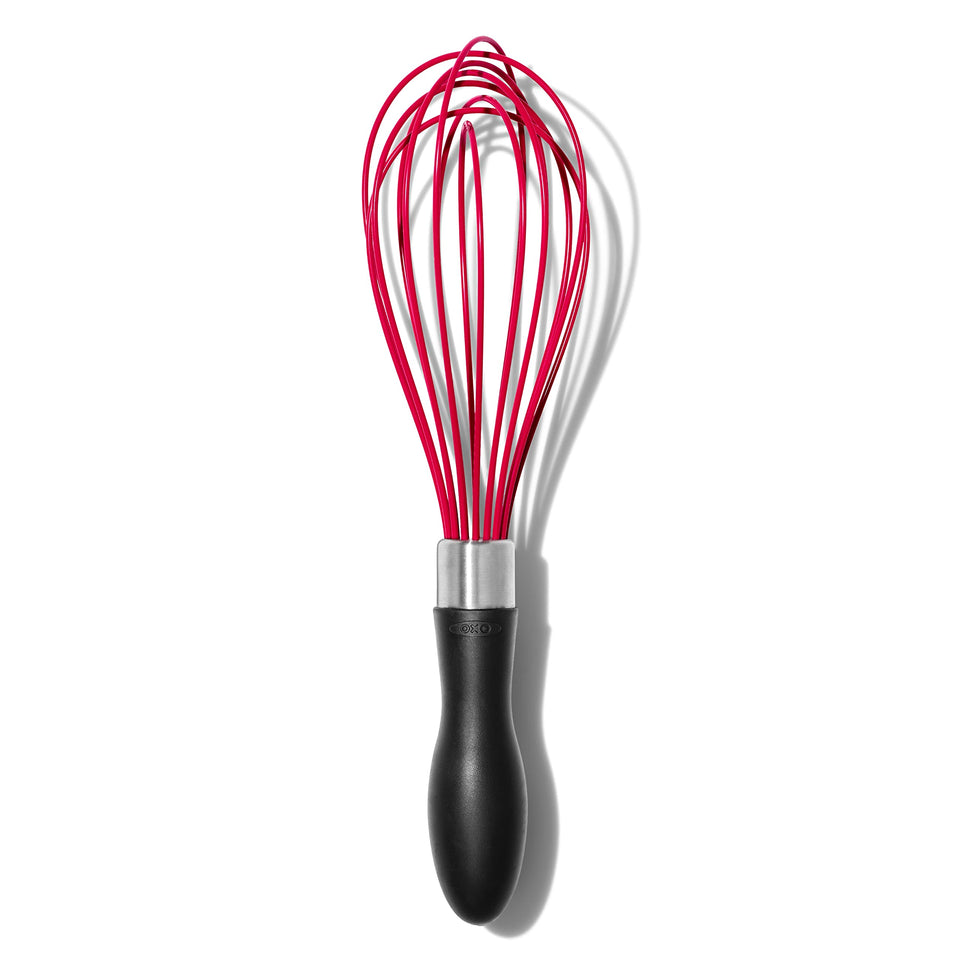 OXO Good Grips 9-Inch Silicone Whisk with red handle; safe for non-stick cookware.