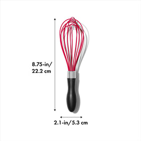 OXO Good Grips silicone whisk wires demonstrate even whisking and heat resistance.