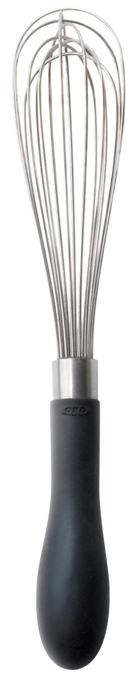 OXO Good Grips 9-Inch Whisk with polished wires for smooth mixing in bowls.