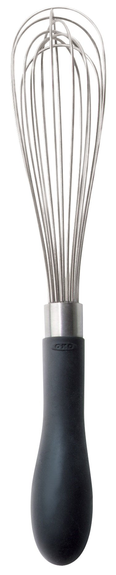 OXO Good Grips 9-Inch Whisk with polished wires for smooth mixing in bowls.