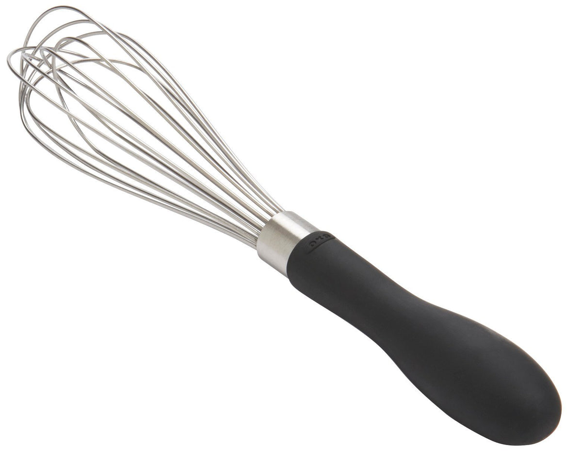 OXO Good Grips 9-Inch Whisk teardrop handle for secure grip even when hands are wet.